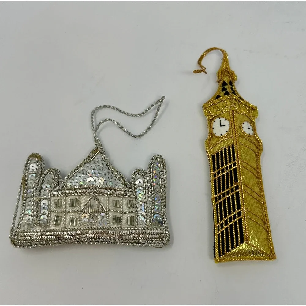 London Souvenir Christmas Ornaments Big Ben Gold Silver Sequin Palace Set of 2